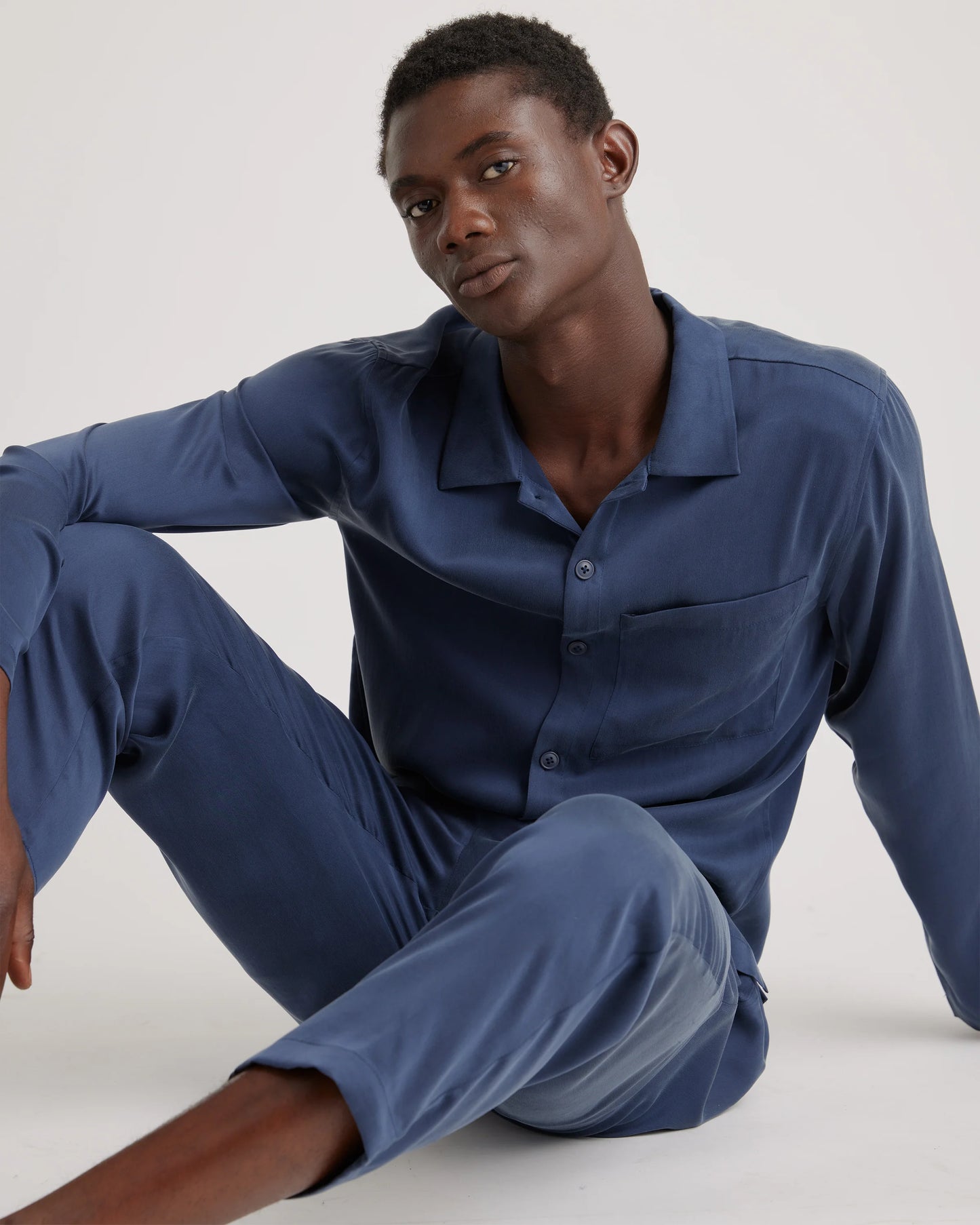 100% Washable Silk Button Down Pant Set - S / Indigo