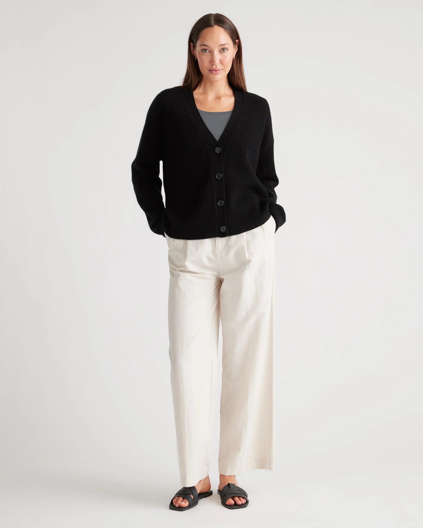 Mongolian Spring Cashmere Fisherman Boxy Cropped Cardigan Sweater - XS / Heather Grey