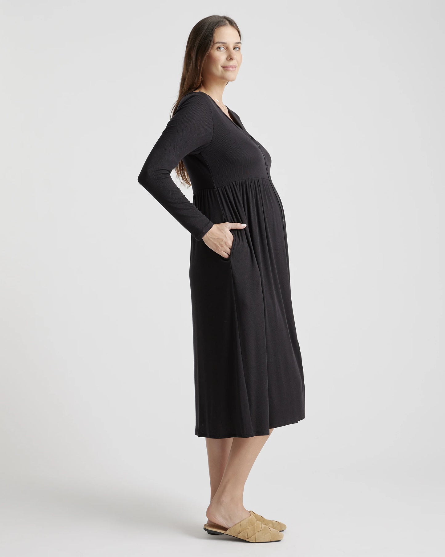 Tencel Rib Maternity & Nursing Button Front Dress - XS / Black