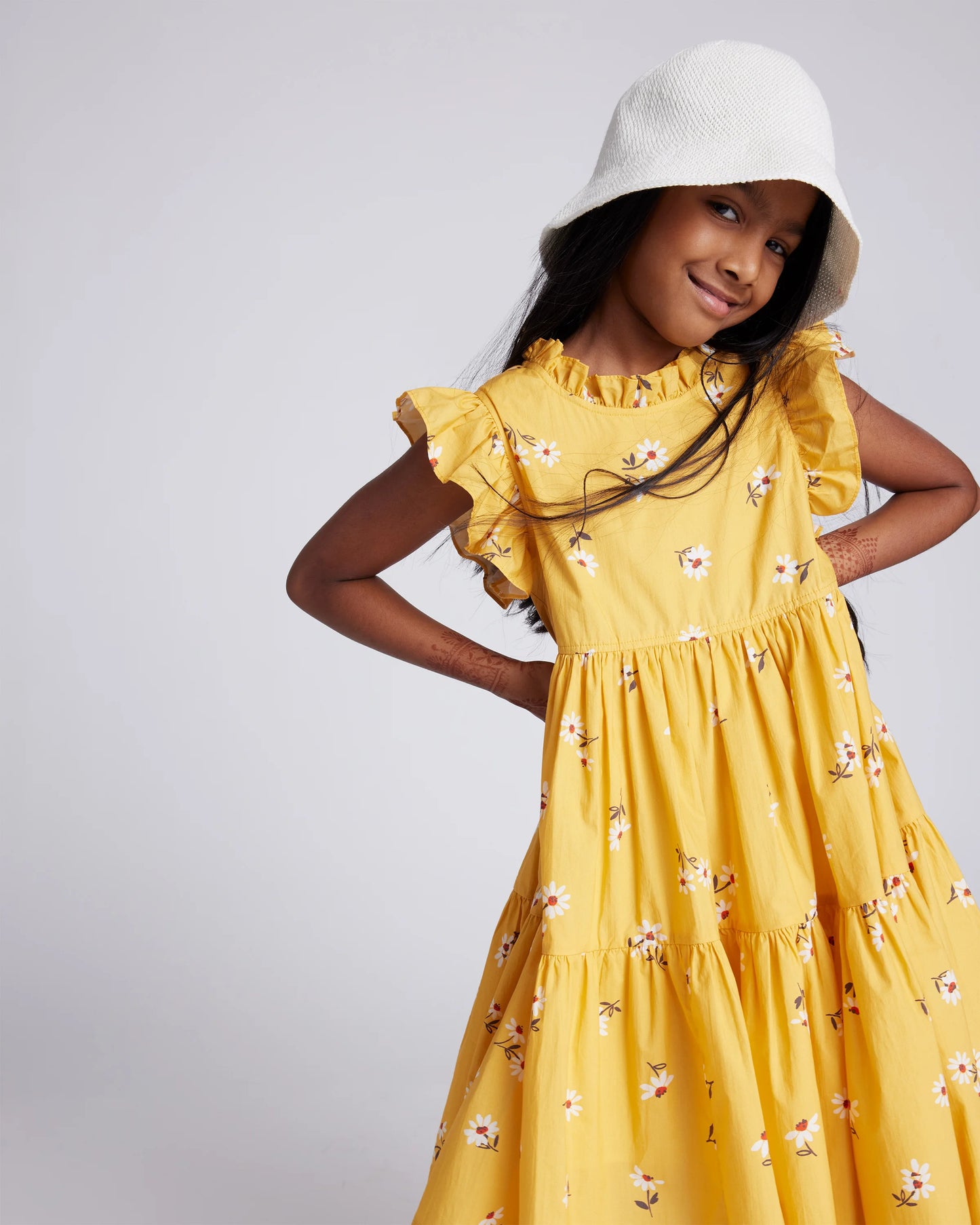 100% Cotton Poplin Ruffle Sleeve Dress - 6 / Golden Daisy
