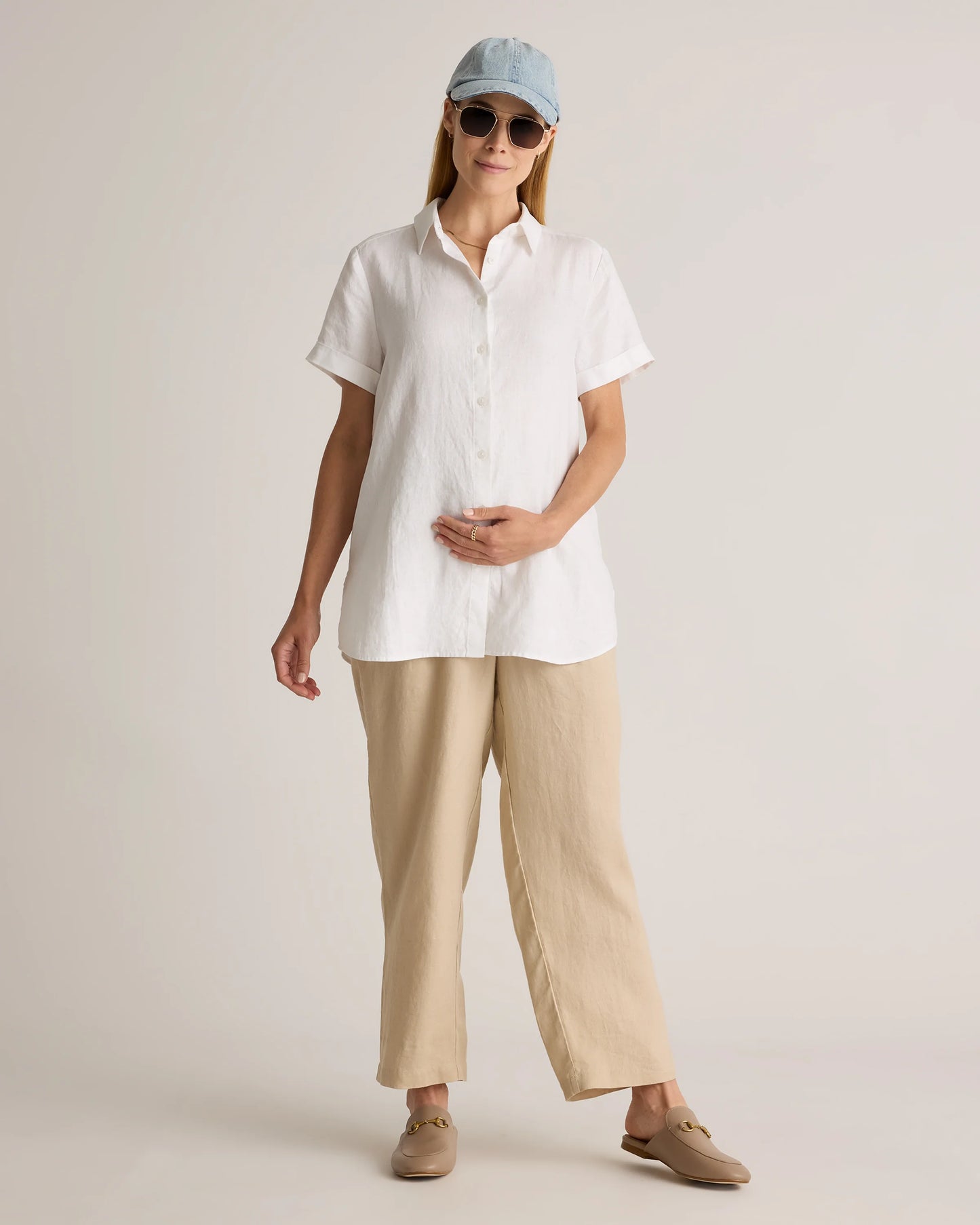 100% European Linen Maternity Camp Shirt - XS / Blue Pinstripe