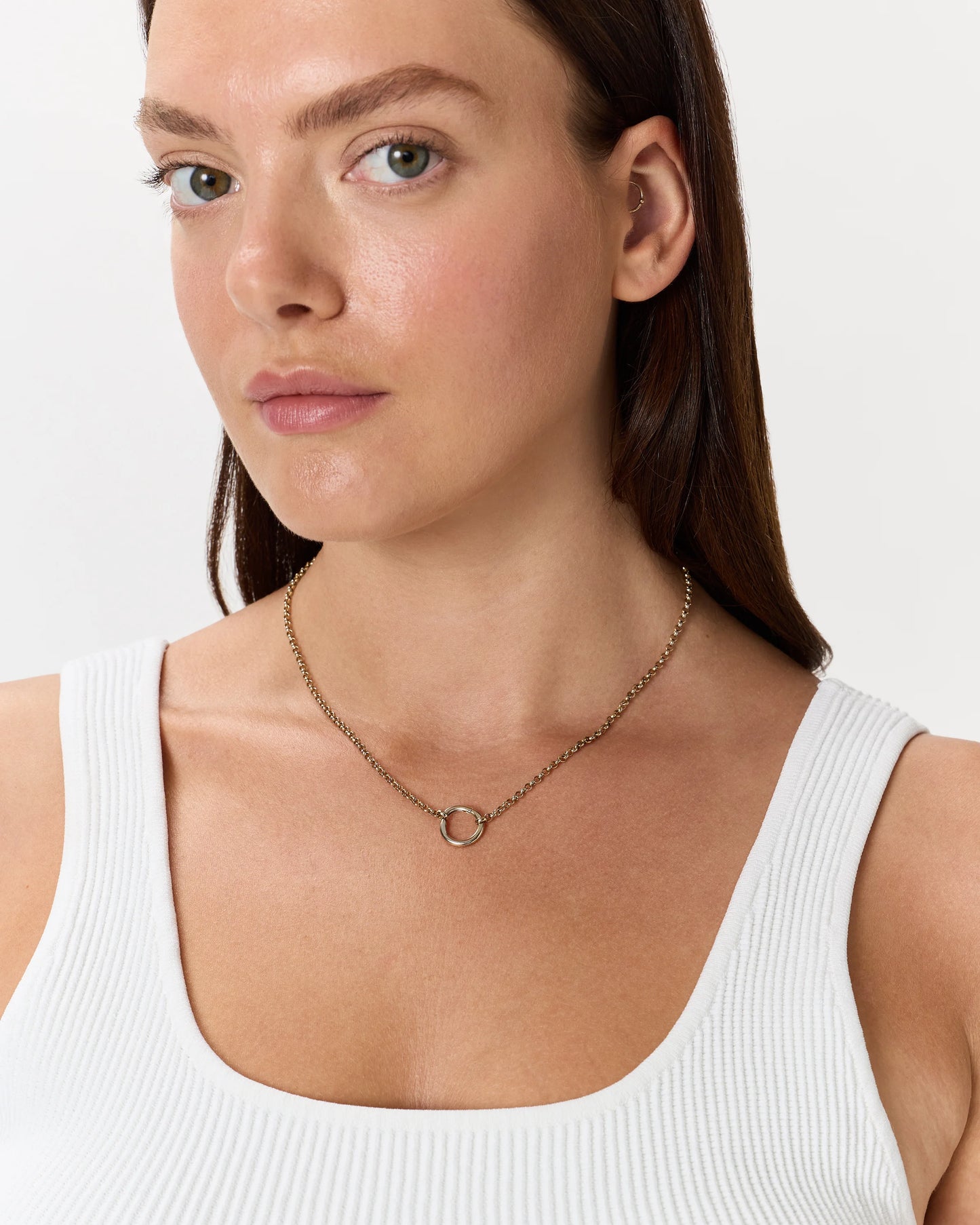 14K Gold Rolo Chain Charm Ring Necklace - 18" / Yellow Gold