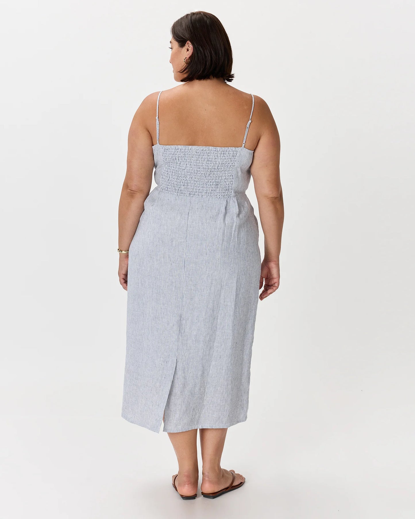 100% European Linen Scoop Neck Midi Dress - 1X / Deep Navy