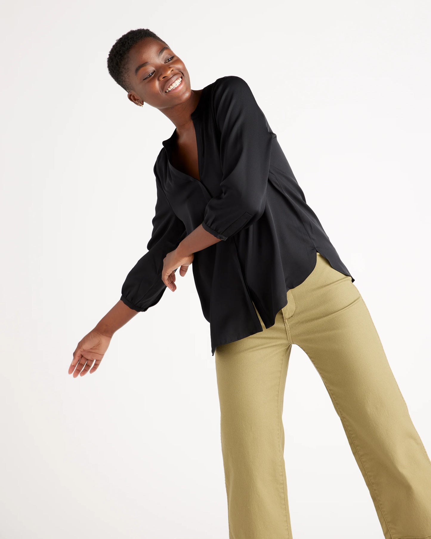 Washable Stretch Silk Pleat Back Blouse - XS / Black