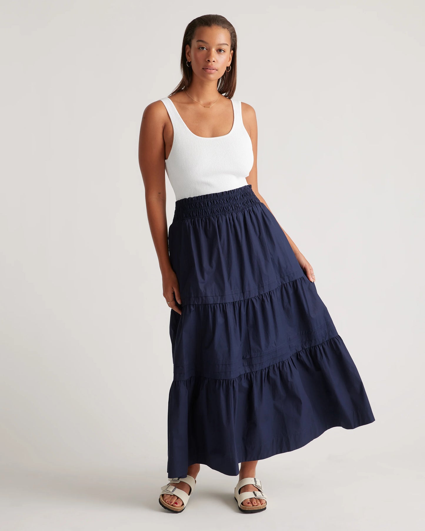 100% Organic Cotton Poplin Tiered Maxi Skirt - XS / Black