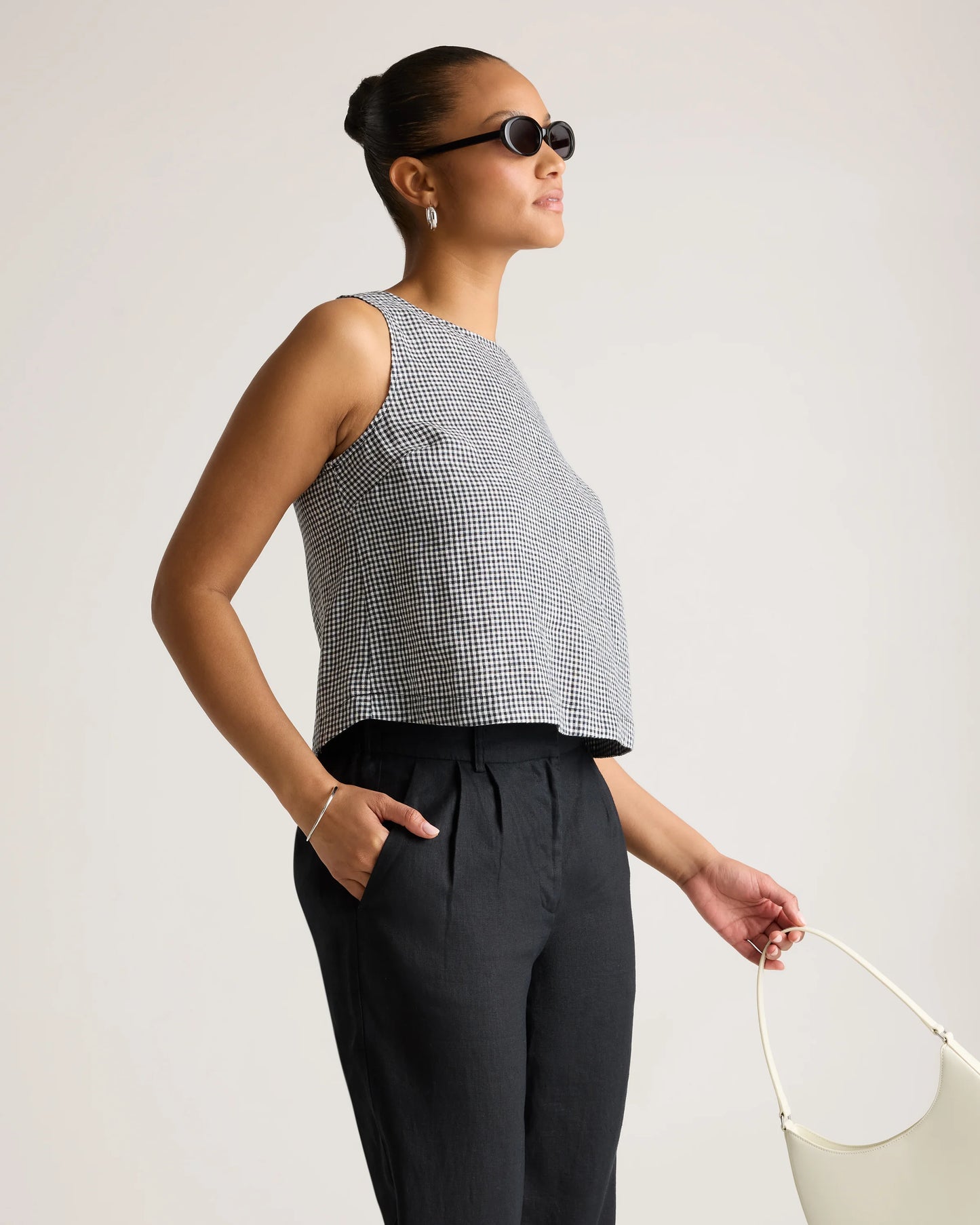 100% European Linen Cropped Tank - XS / Taupe Brown Gingham
