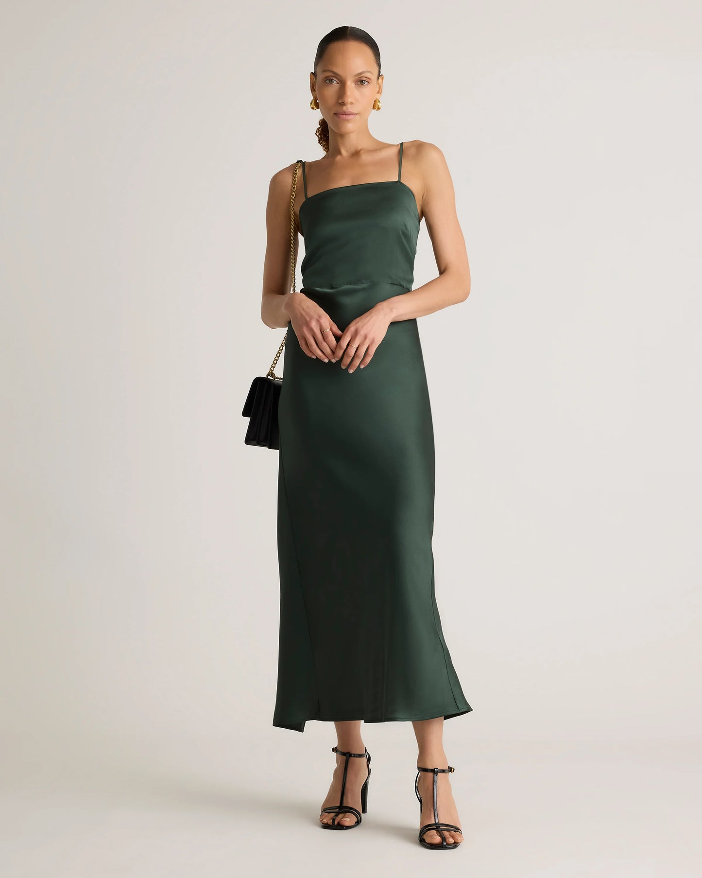 100% Washable Silk Square Neck Maxi Dress - XS / Forest Green