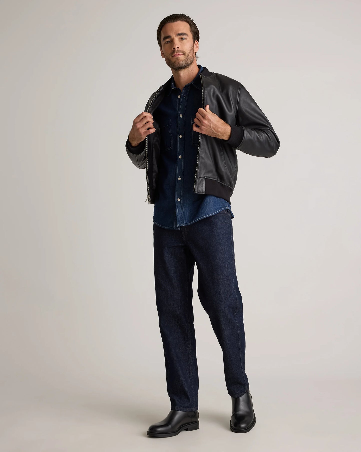 100% Washed Leather Bomber Jacket - S / Black