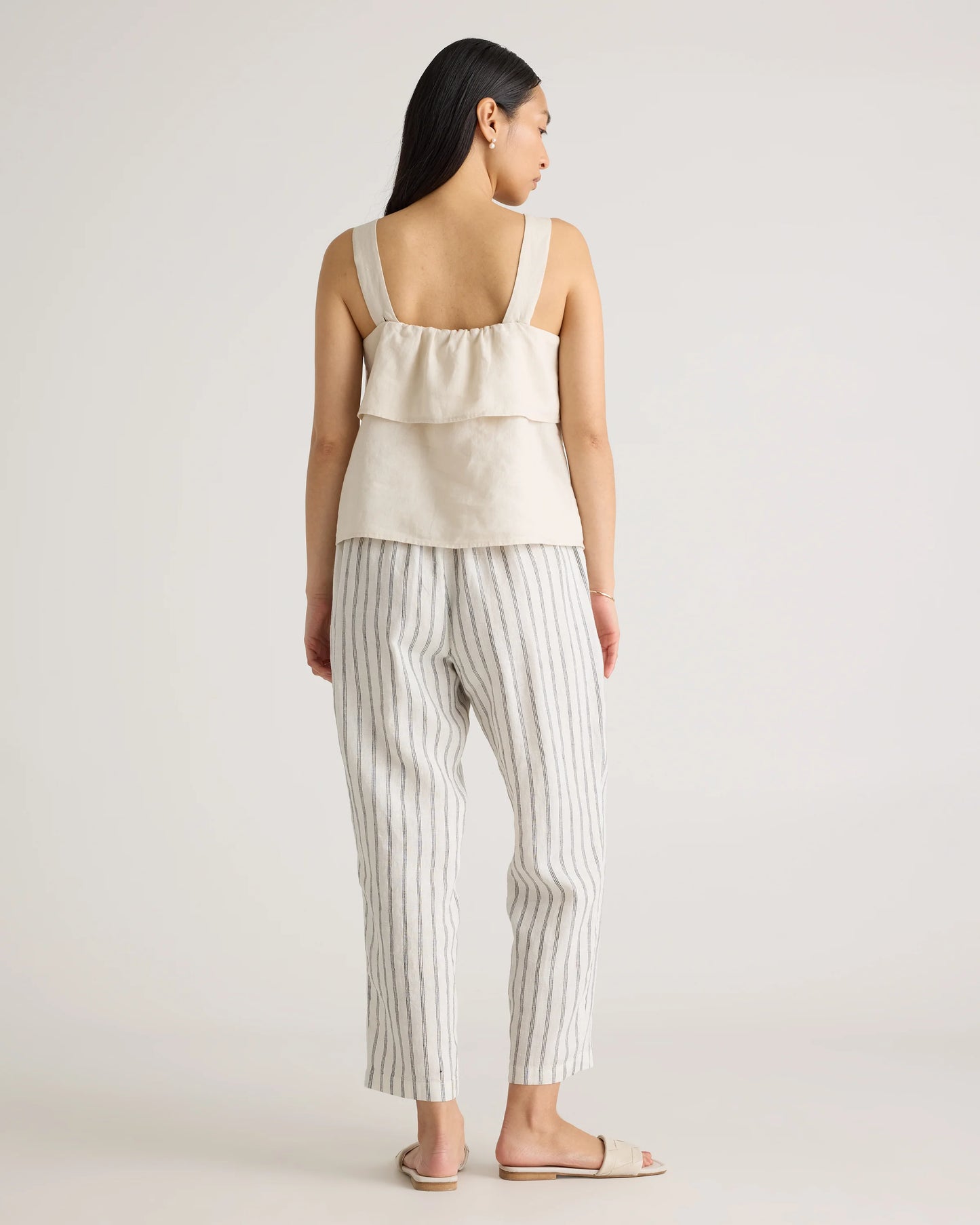 100% European Linen Tapered Ankle Pants - XS / Blue Pinstripe