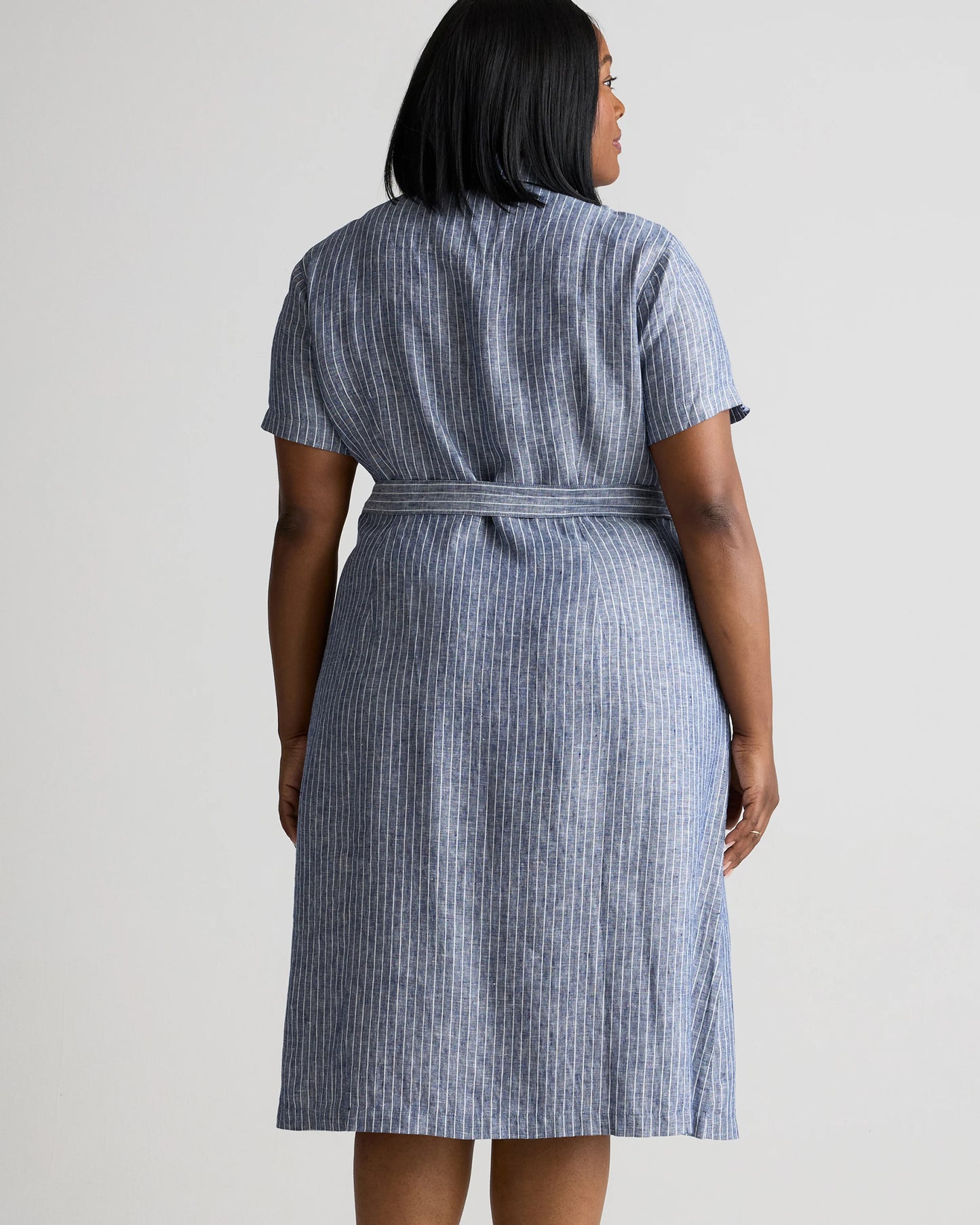 100% European Linen Button Front Dress - 1X / Blue Pinstripe
