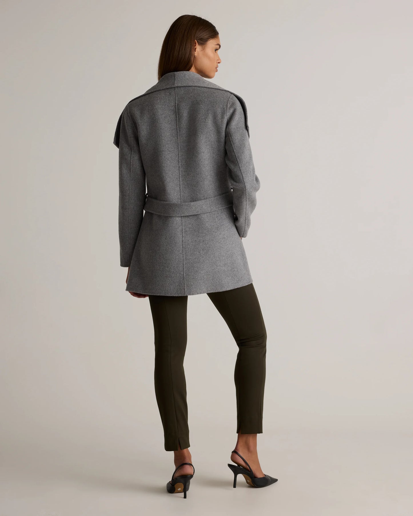 Double-Faced Merino Wool Draped Collar Short Wrap Coat - XS / Cocoa Melange