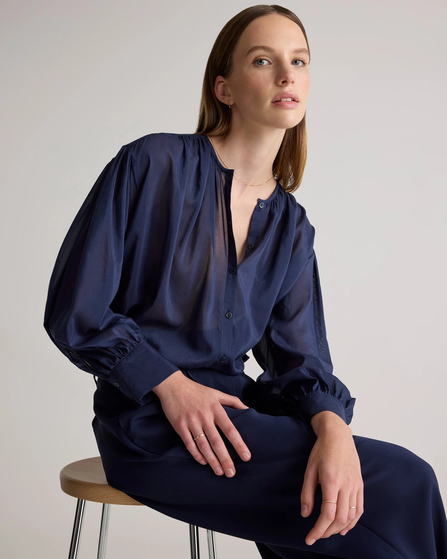 Cotton-Silk Voile Blouson Blouse - XS / Dark Navy
