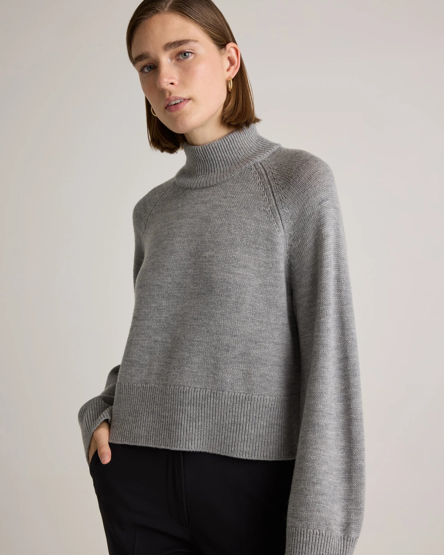Australian Merino Wool Cropped Mock Neck Sweater - XS / Heather Bone