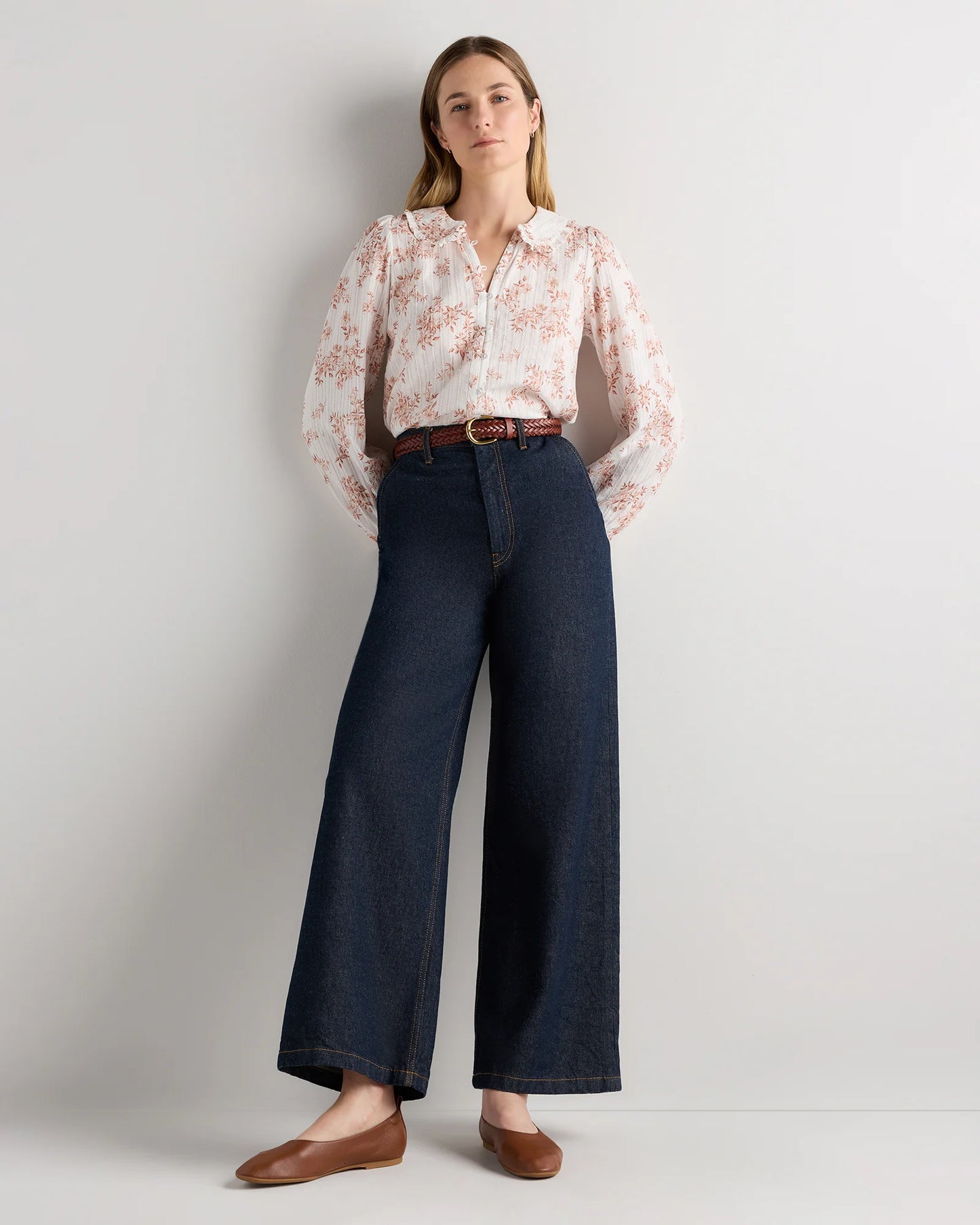 Embroidered Cotton Ruffle Collar Long Sleeve Blouse - XS / Ivory Rose Pink Petite Floral