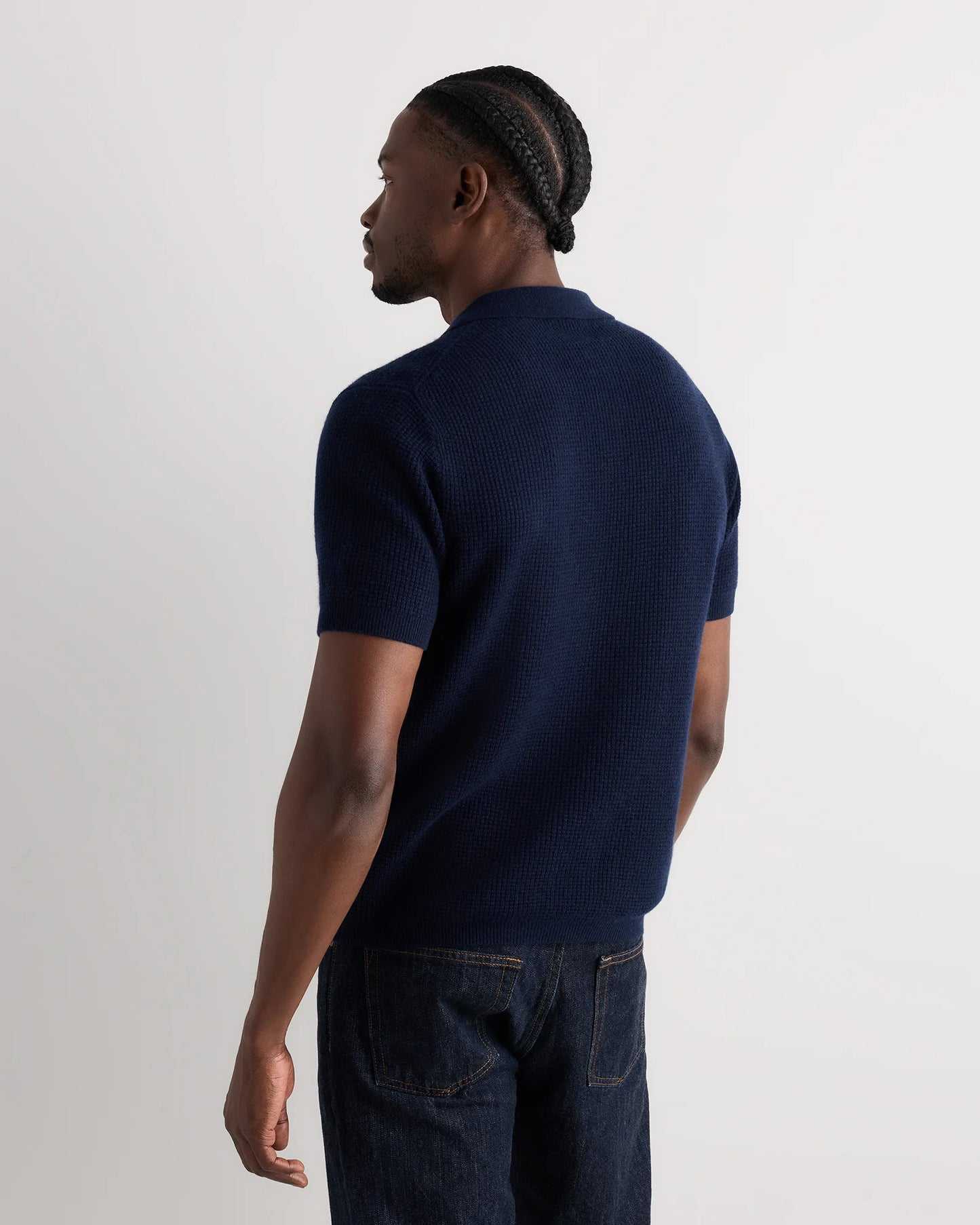 Mongolian Cashmere Waffle Short Sleeve Polo Sweater - S / True Navy