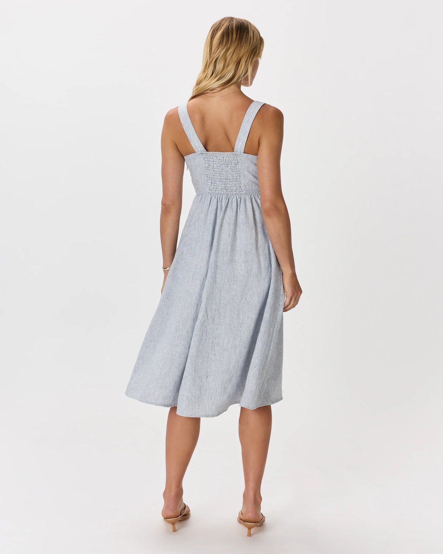 100% European Linen Fit & Flare Midi Dress - XS / Ivory Porcelain Blue Petite Floral