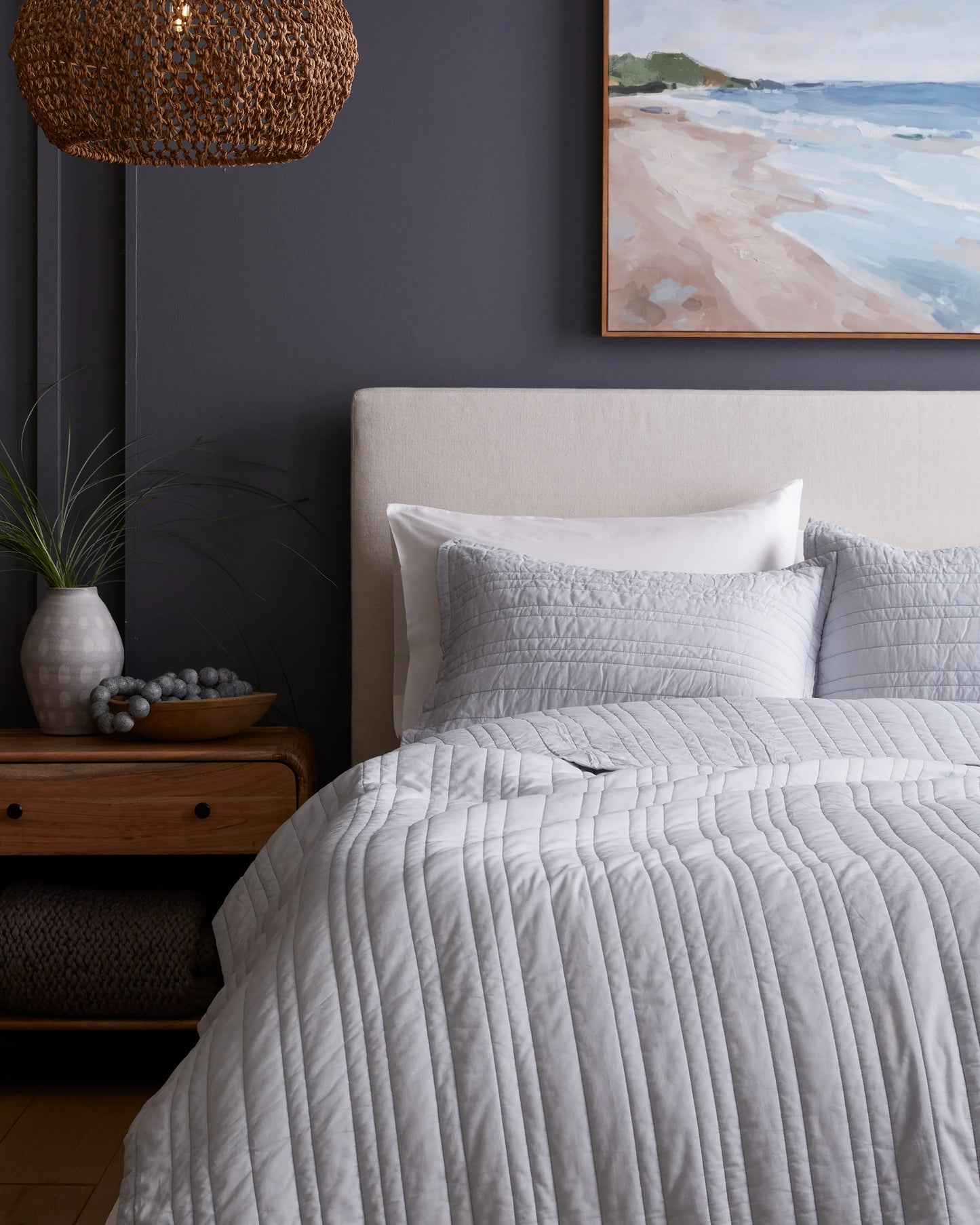 Organic Cotton Stripe Stitch Quilted Sham Set - Standard / White