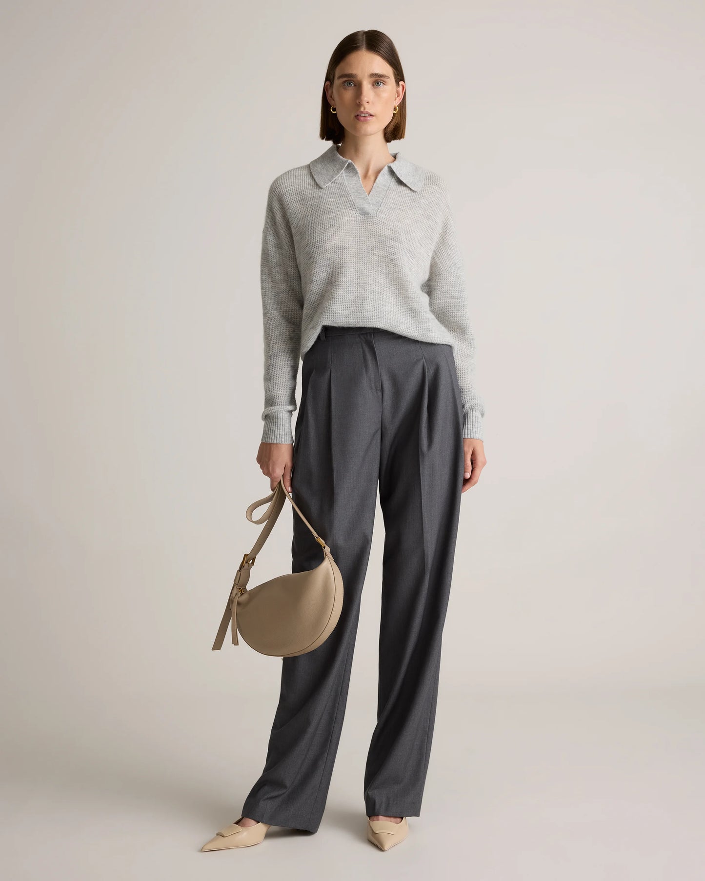 Baby Alpaca-Wool Waffle Stitch Polo Sweater - XS / Ivory