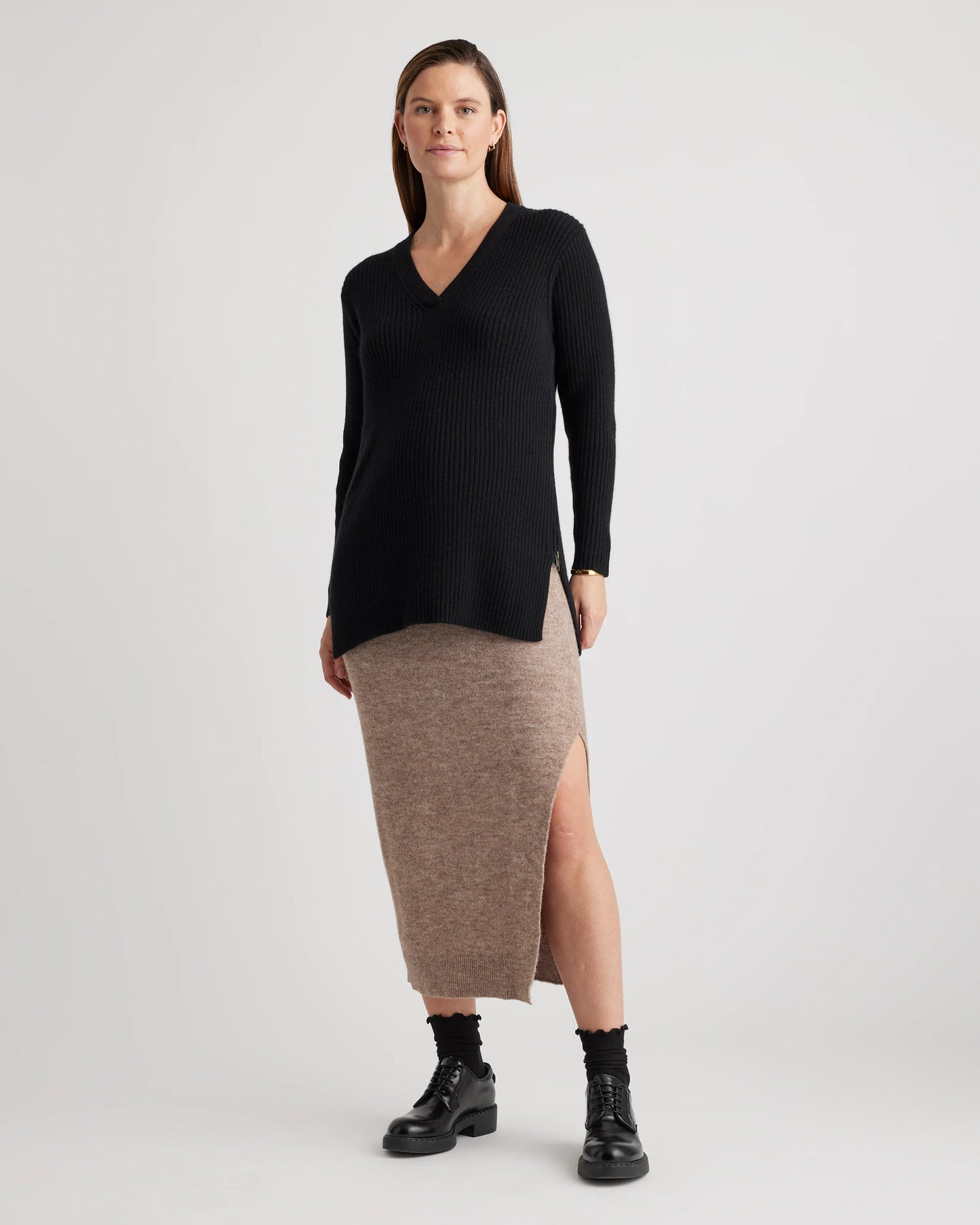 Mongolian Cashmere Ribbed Side Zip Maternity Sweater - XS / Heather Vintage Pink