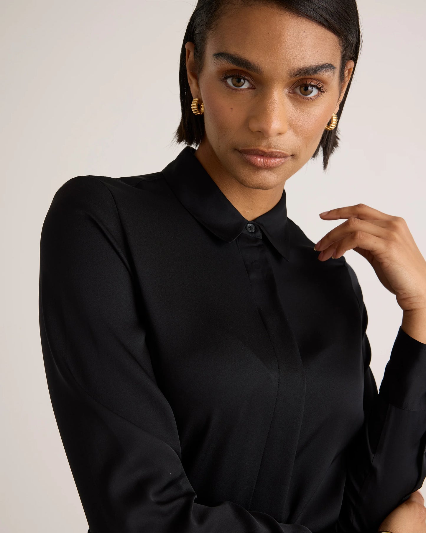Washable Stretch Silk Shirt Dress - XS / Black