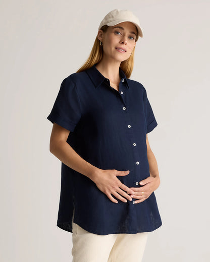 100% European Linen Maternity Camp Shirt - XS / Blue Pinstripe