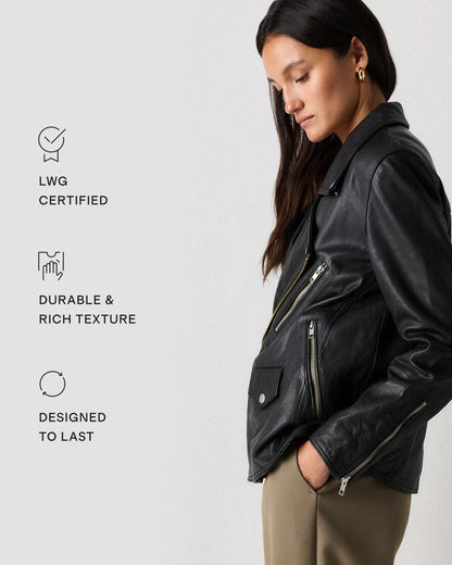 100% Leather Oversized Biker Jacket - XS / True Black