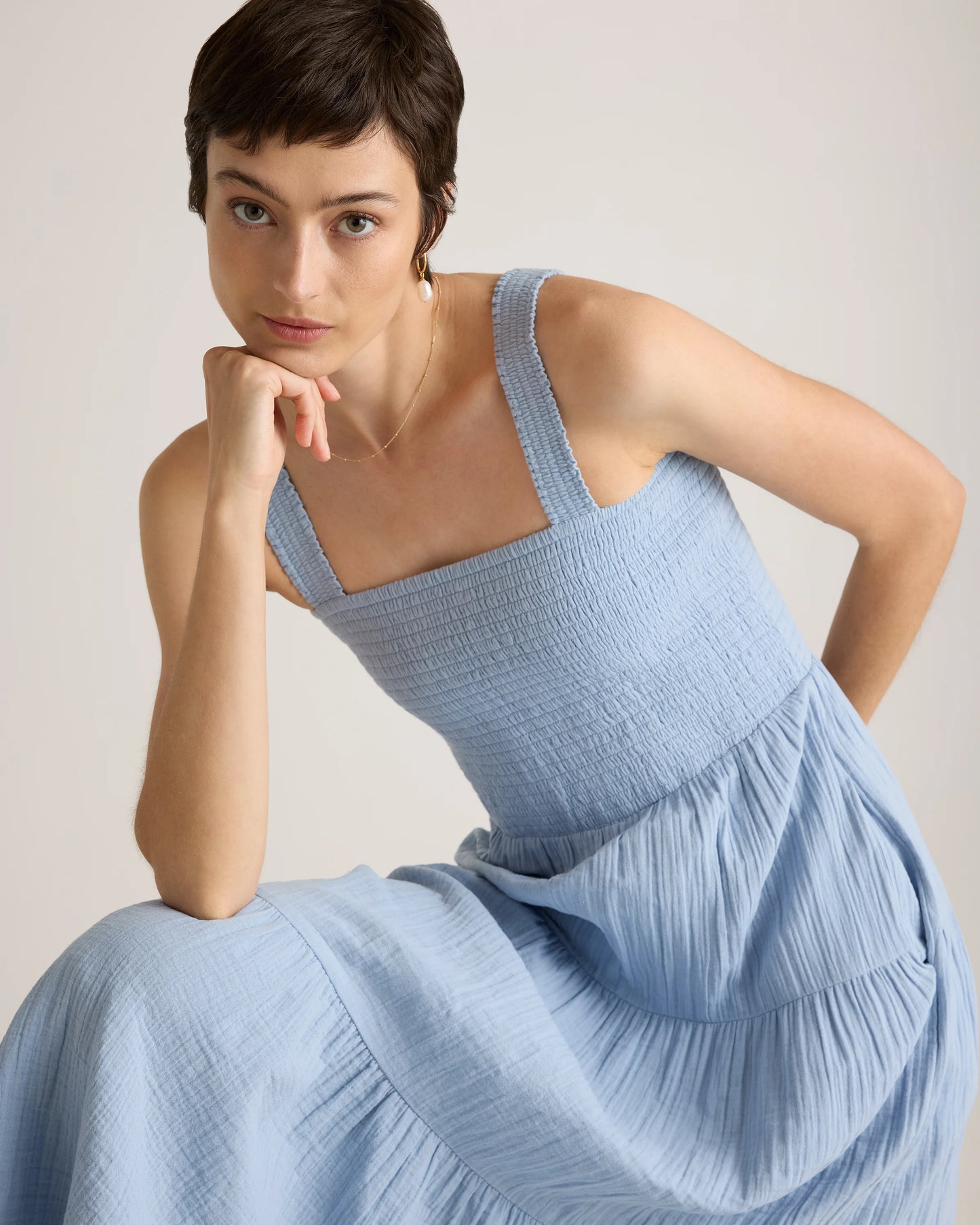 100% Organic Cotton Gauze Smocked Sleeveless Maxi Dress - XS / Ocean Breeze