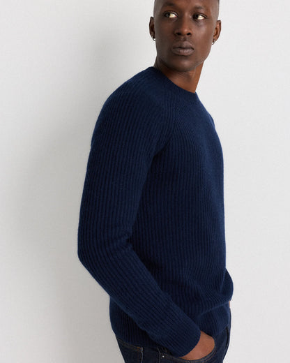 Mongolian Cashmere Fisherman Crewneck Sweater - S / Navy Marl