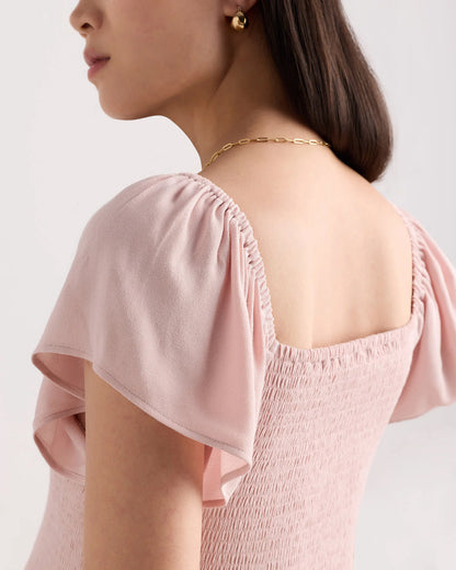 Lightweight Crepe Smocked Flutter Sleeve Maternity Dress - XS / Shell Pink