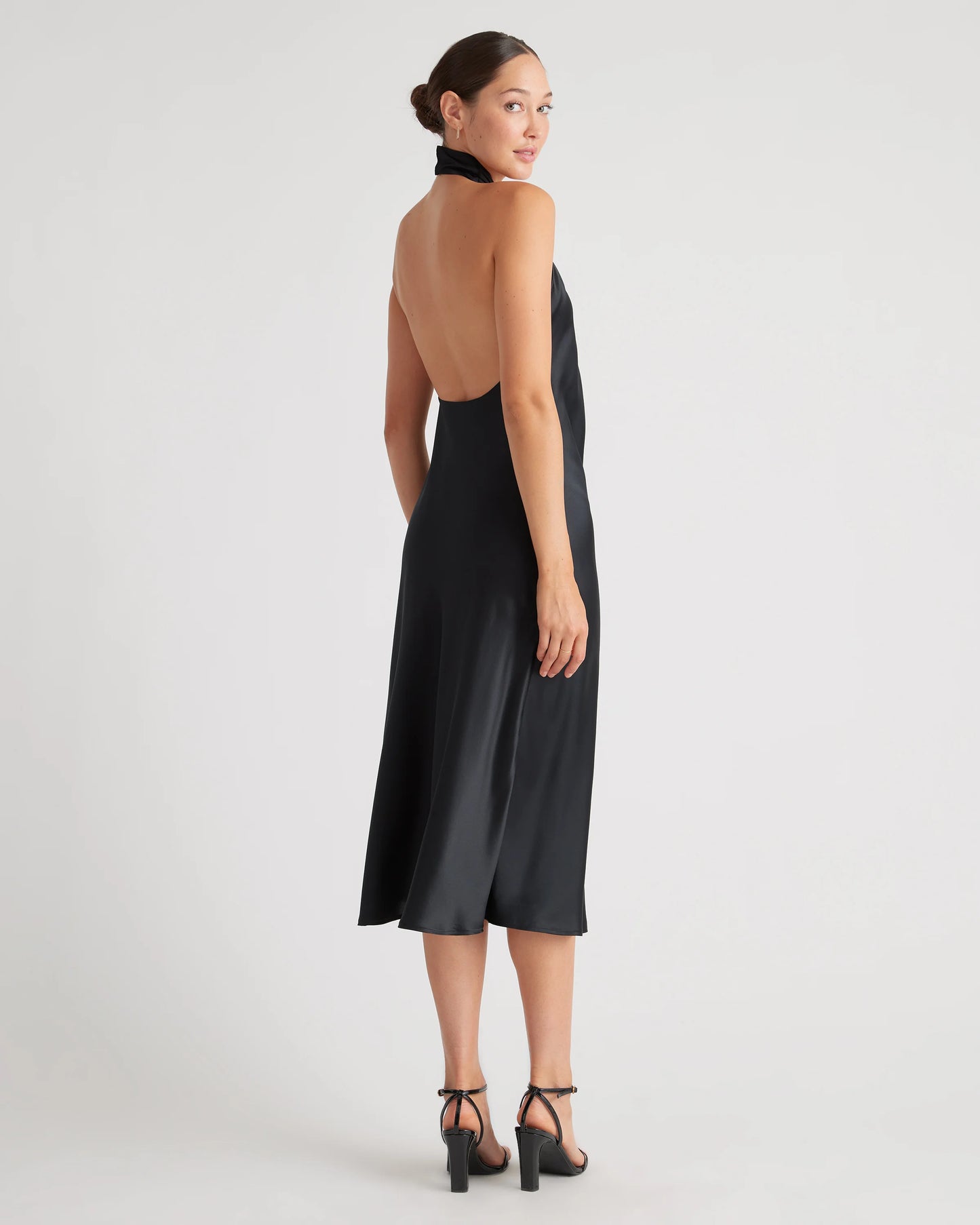 100% Washable Silk Twist Halter Midi Dress - XS / Black