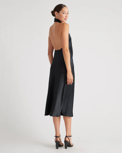 100% Washable Silk Twist Halter Midi Dress - XS / Black