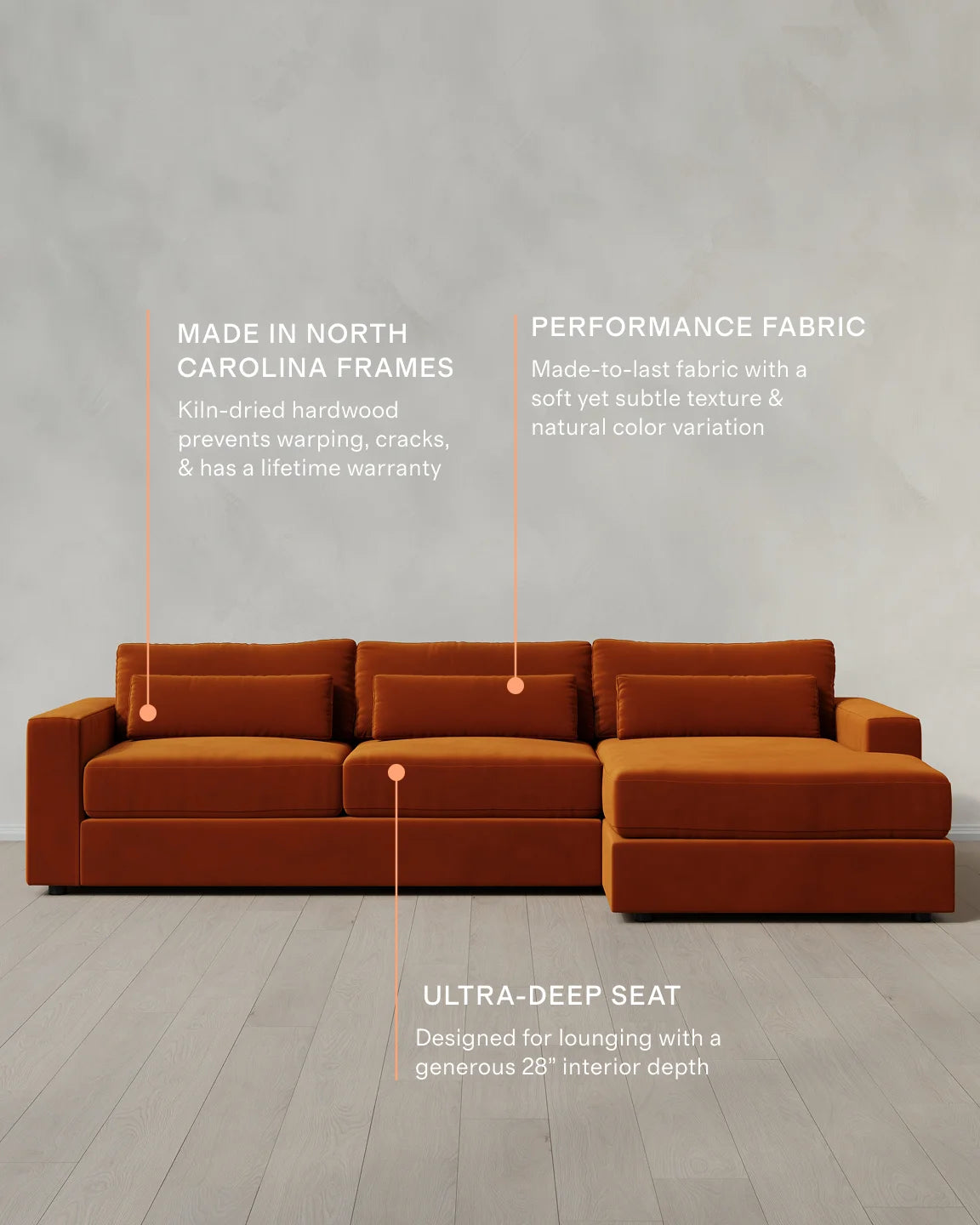 Ashford Deep Seat Chaise Sectional in Performance Velvet - 119" Right Arm / Rust