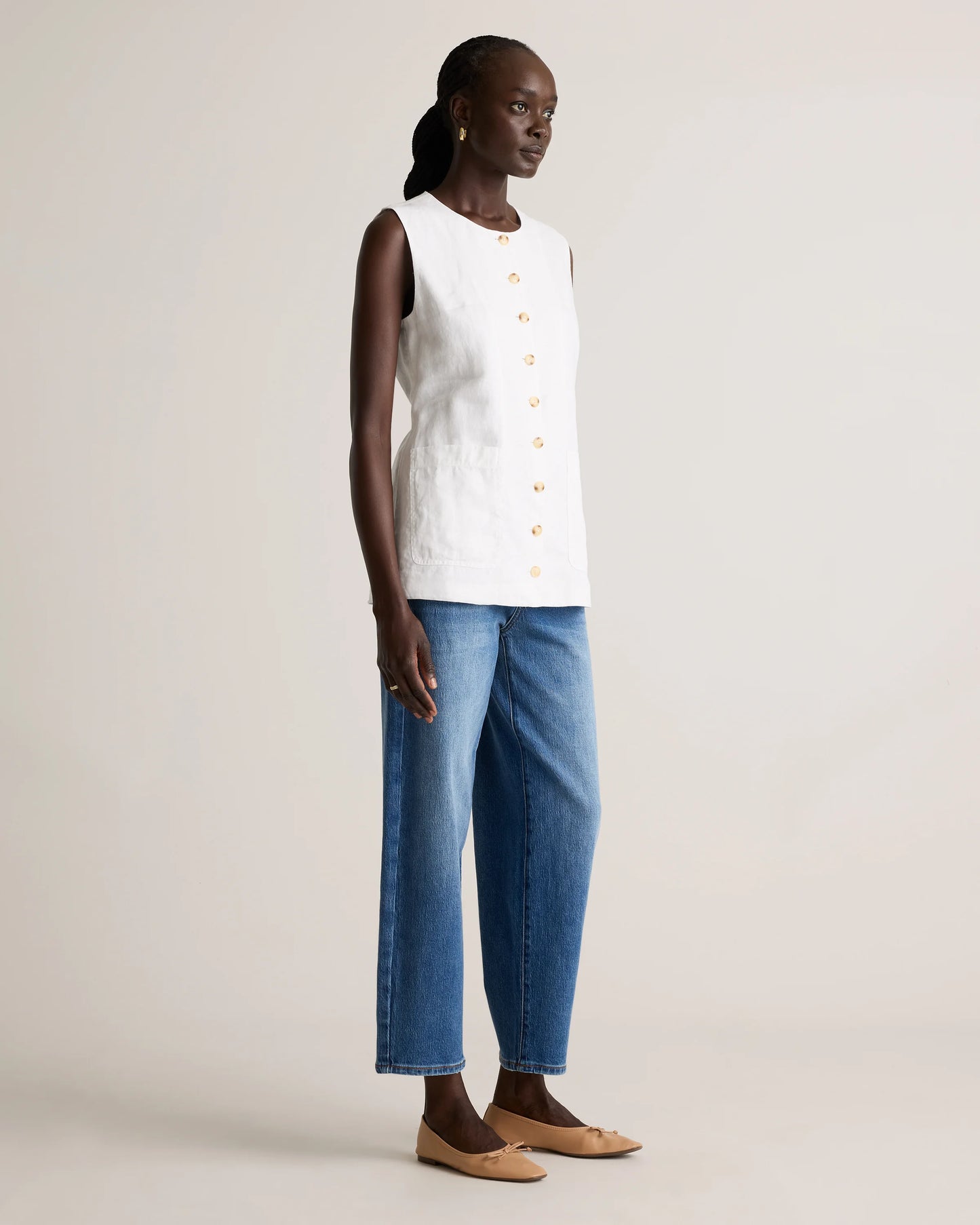 100% European Linen Longline Vest - XS / Taupe Brown Chambray