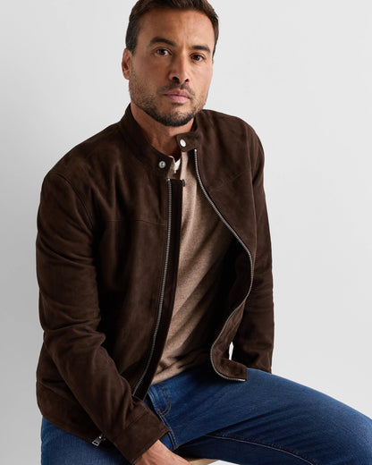 100% Suede Café Racer Jacket - S / Pecan Brown