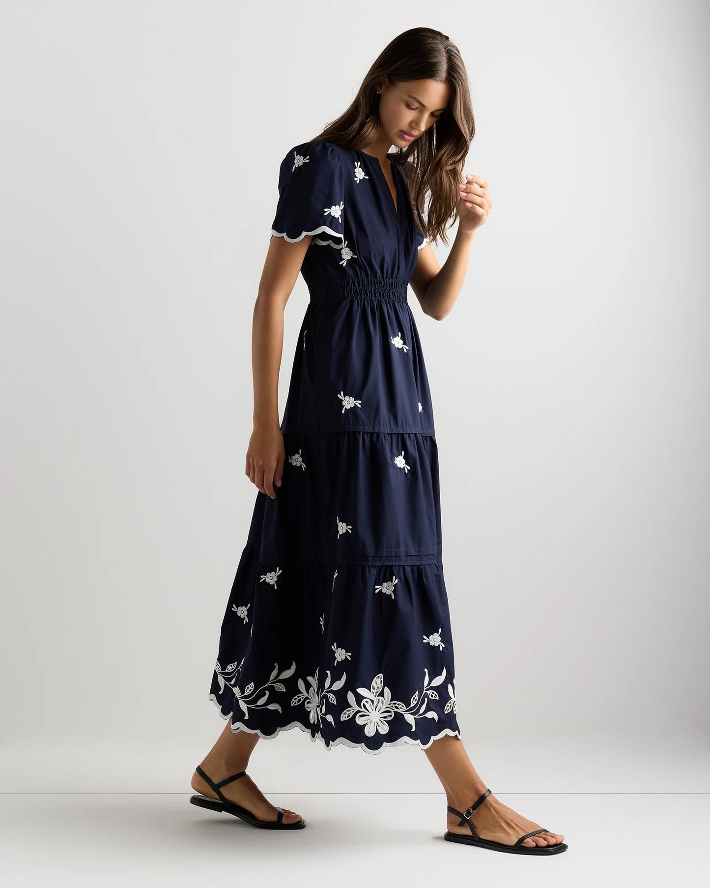 100% Organic Cotton Poplin Embroidered Tiered Maxi Dress - XS / Moonstone Blue