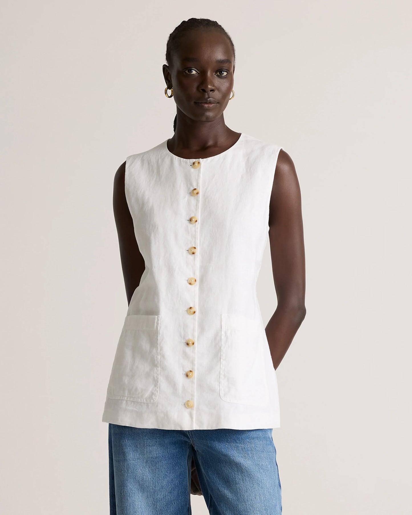 100% European Linen Longline Vest - XS / Taupe Brown Chambray
