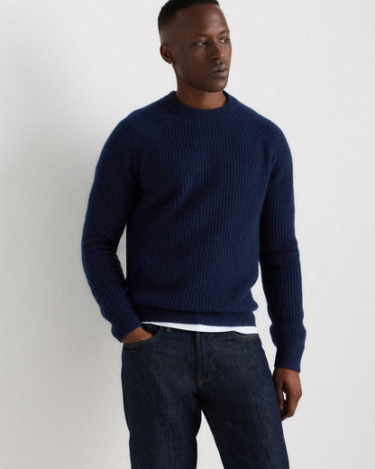 Mongolian Cashmere Fisherman Crewneck Sweater - S / Navy Marl