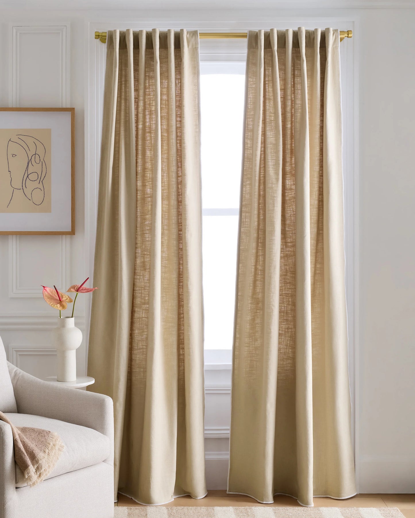 Piped Edge Cotton Curtain - Single Panel - 48x84 / Ivory/Black Piping