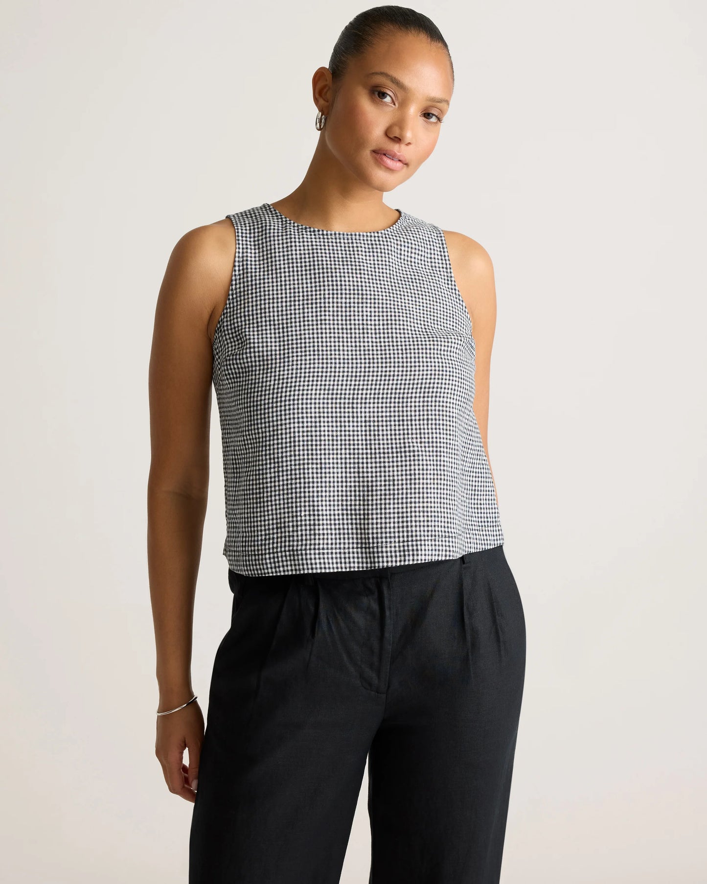 100% European Linen Cropped Tank - XS / Taupe Brown Gingham