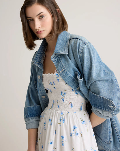 100% Organic Cotton Poplin Smocked Midi Dress - XS / Riviera Blue Heirloom Floral