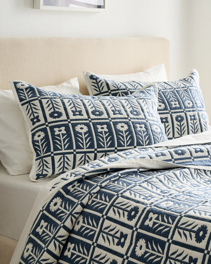 Organic Cotton Jacquard Floral Coverlet Set - Twin / Blue Fog