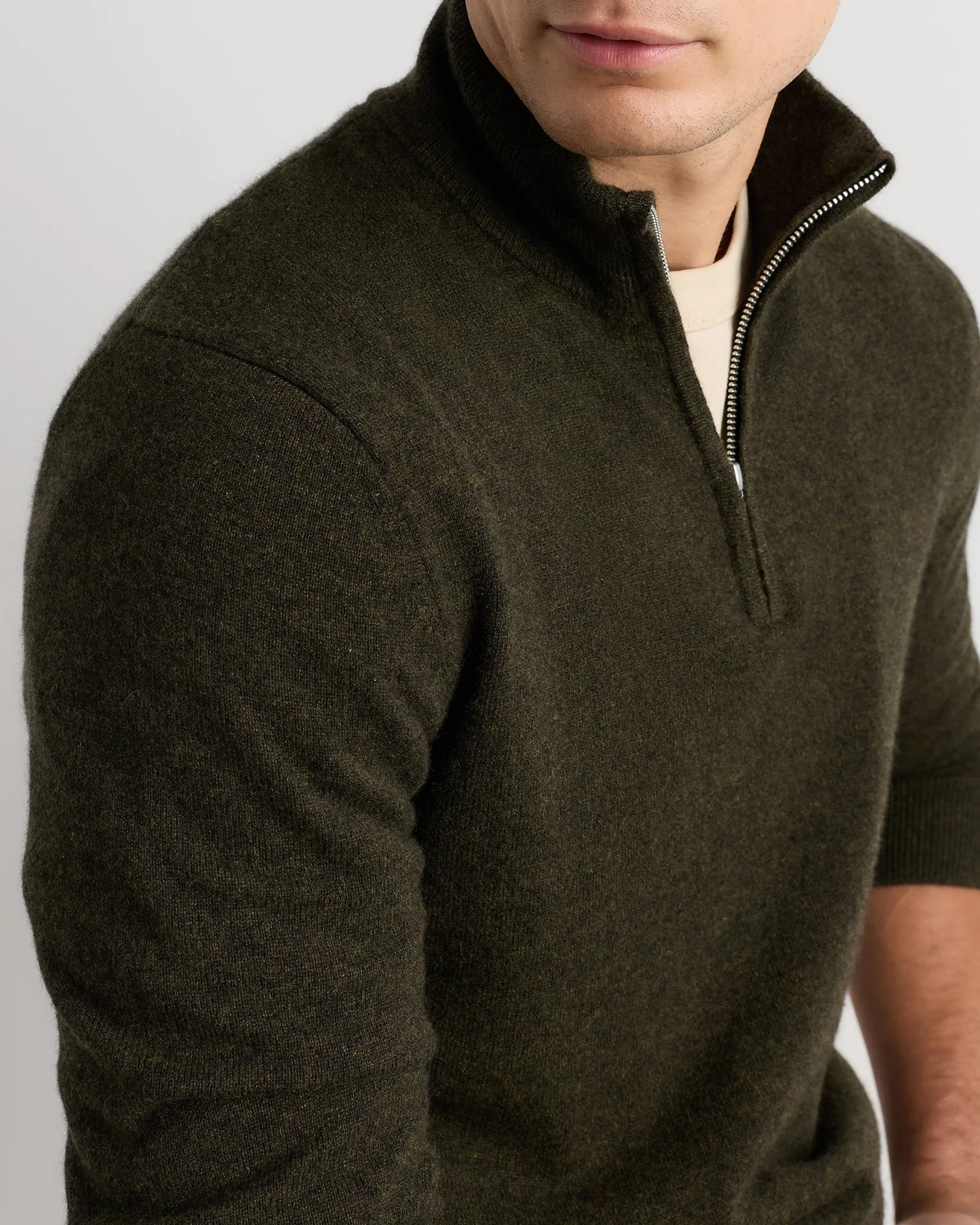 Mongolian Cashmere Quarter Zip Sweater - S / Olive Twist