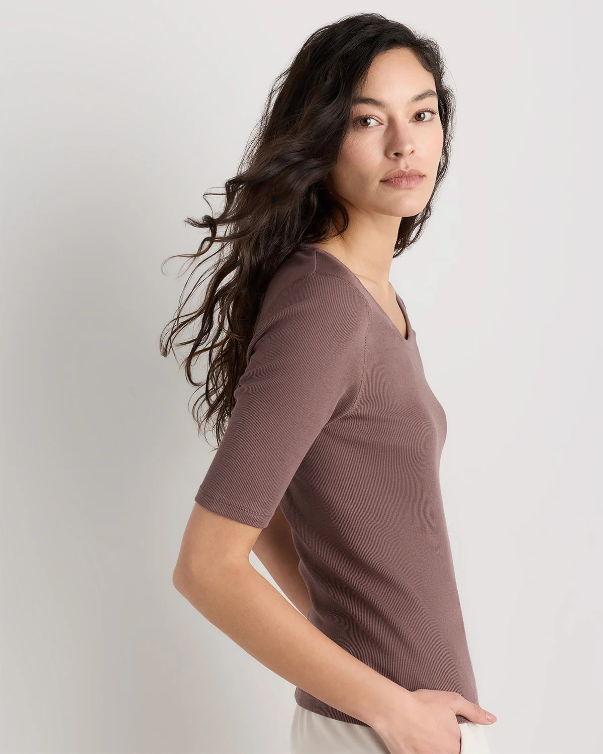 Organic Cotton Micro-Rib Elbow Sleeve Tee - XS / Moonstone Blue