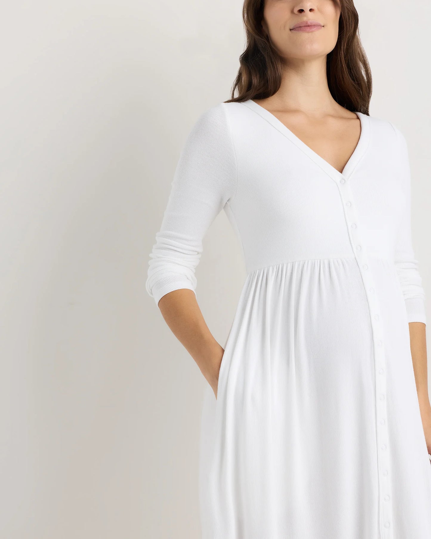 Bamboo Rib Maternity Long Sleeve Button Front Dress - XS / Classic White