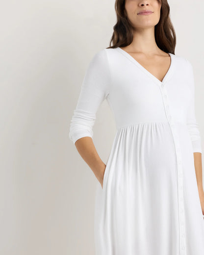Bamboo Rib Maternity Long Sleeve Button Front Dress - XS / Classic White