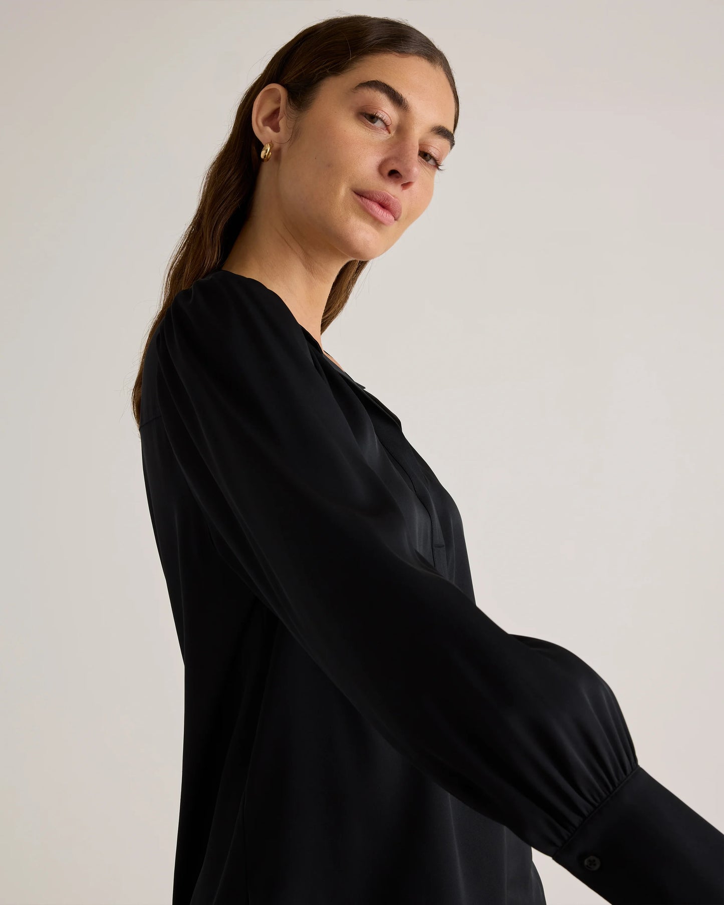 Washable Stretch Silk Split Neck Blouse - XS / Forest Green