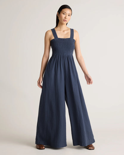 100% Organic Cotton Gauze Smocked Wide Leg Jumpsuit - XS / Wild Cherry