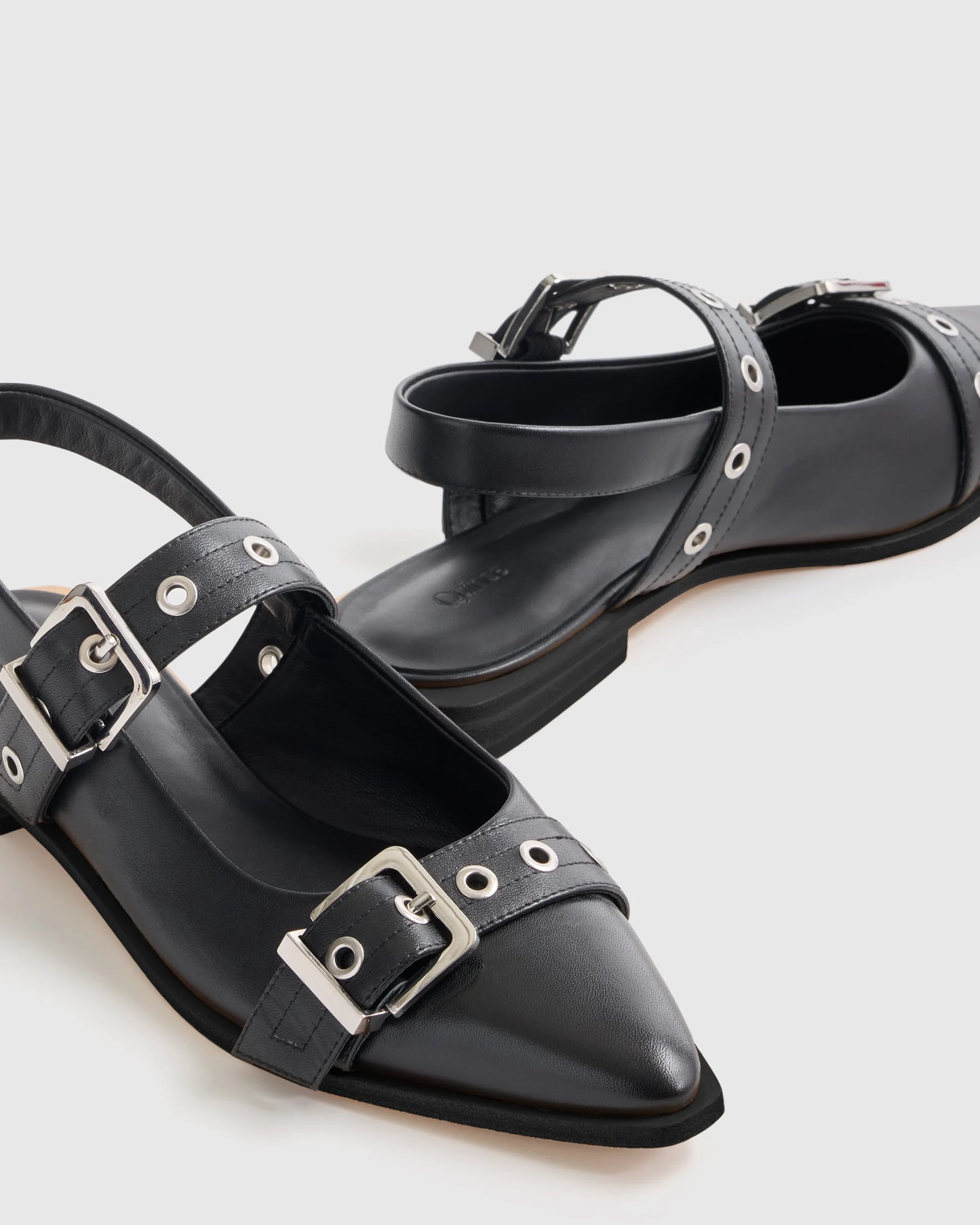 Italian Leather Bold Buckle Slingback Flat - 5 / Black