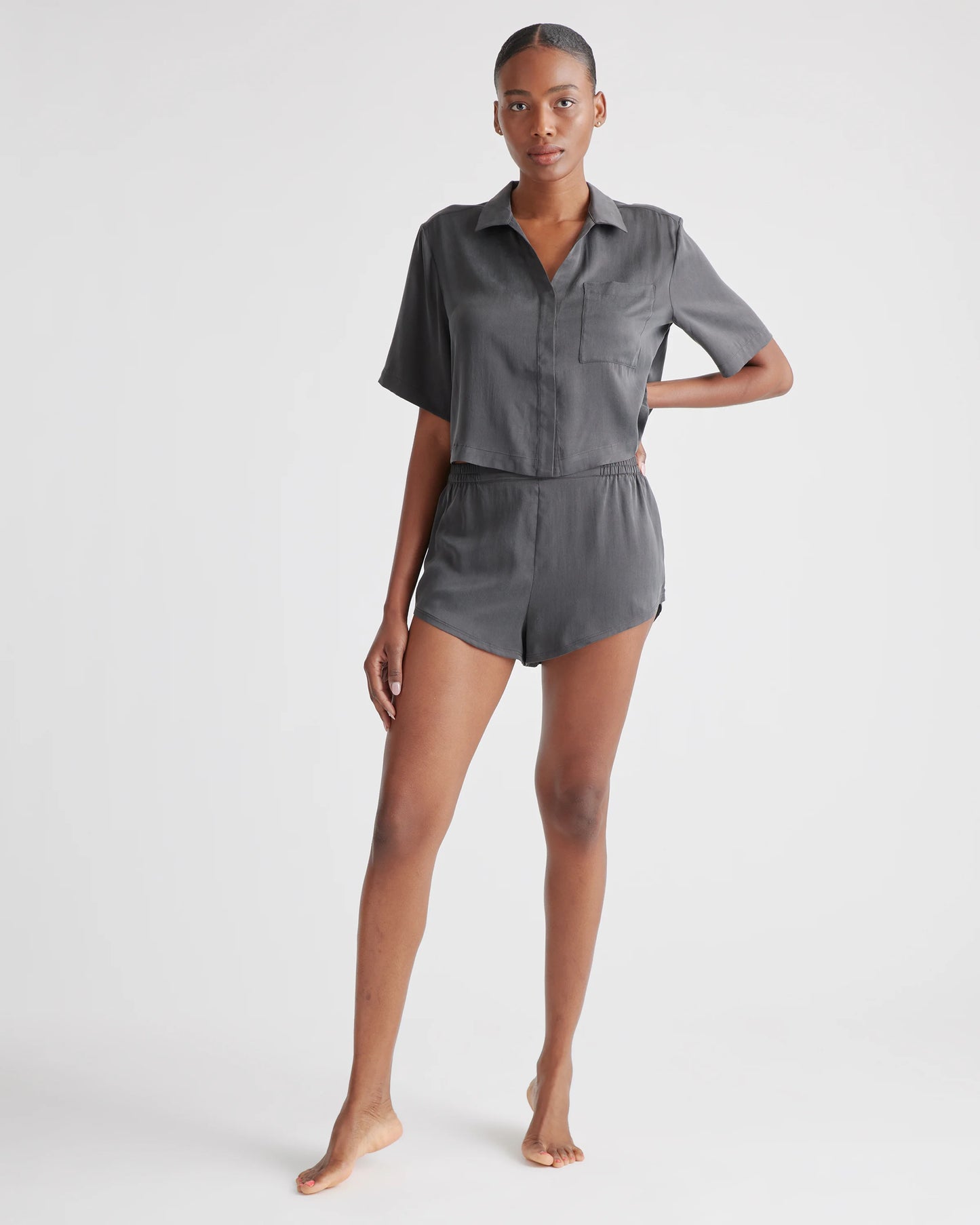 100% Washable Silk Pajama Button Up Top - XS / Charcoal