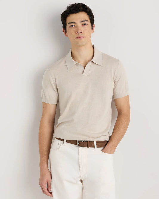Cotton-Silk Johnny Collar Polo - S / Speckled Beige